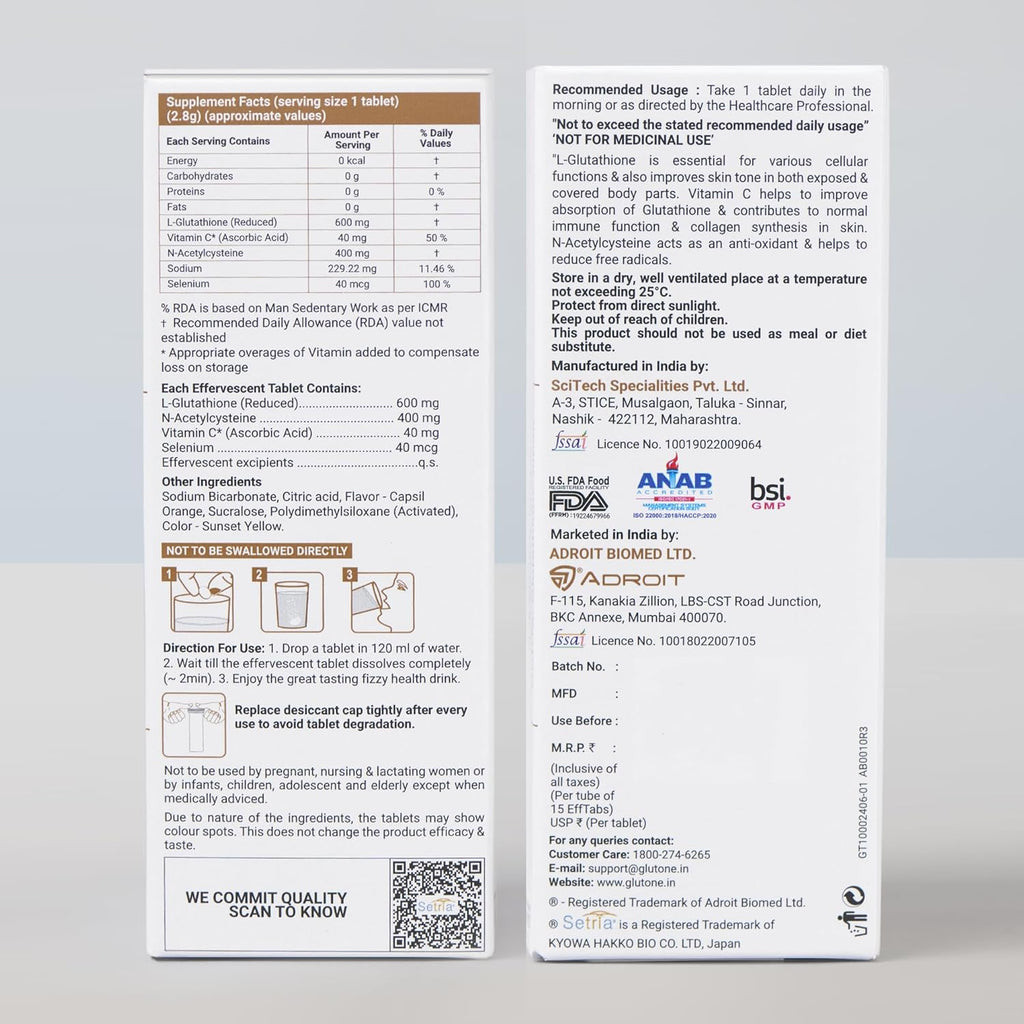 GLUTONE 1000 Setria L-Glutathione Effervescent Tablets | Vitamin C 40Mg | For Radiant Glow | Evens Skin Tone | 15 Tablets